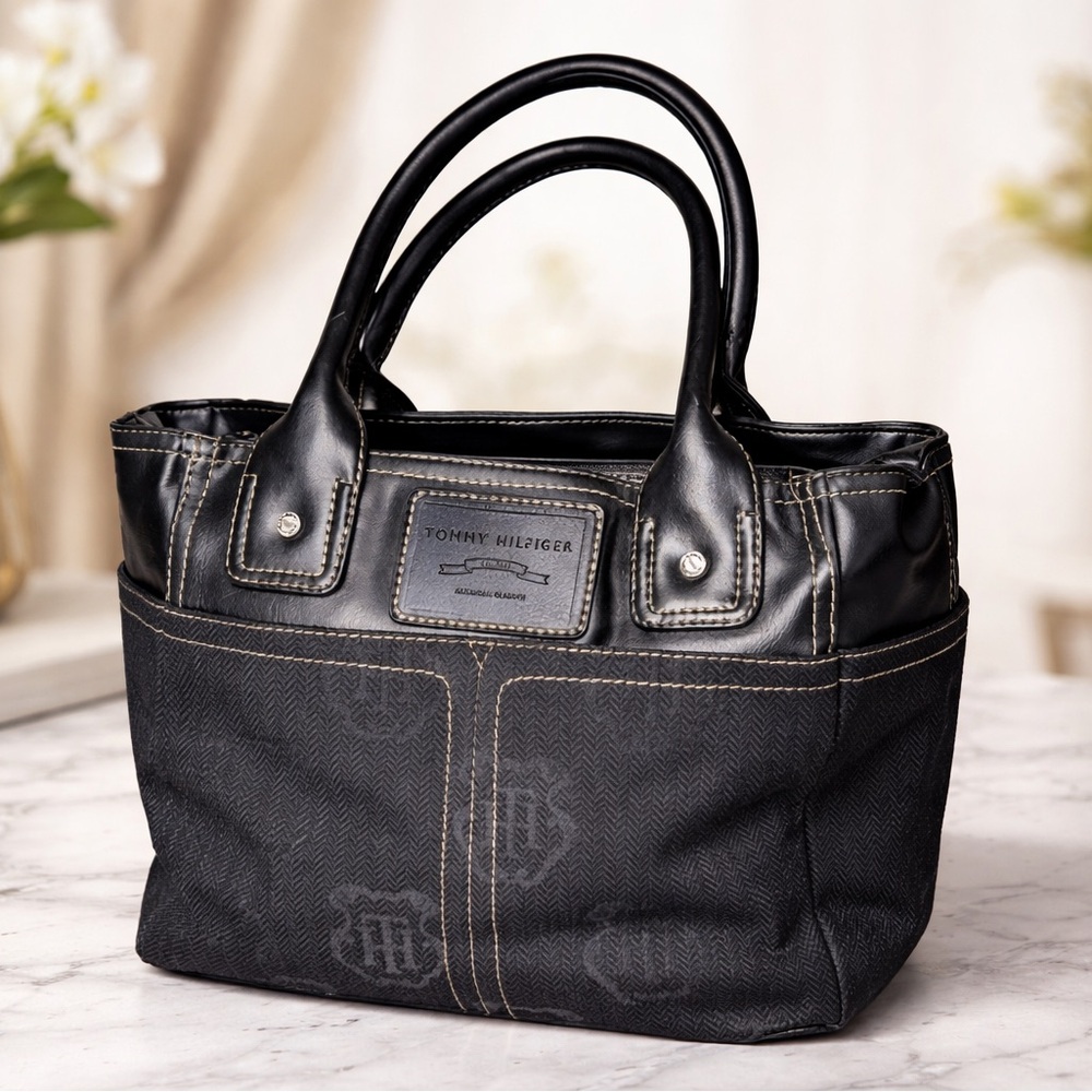 Tommy Hilfiger Black Satchel Handbag Monogram Canvas Faux Leather Trim Classic